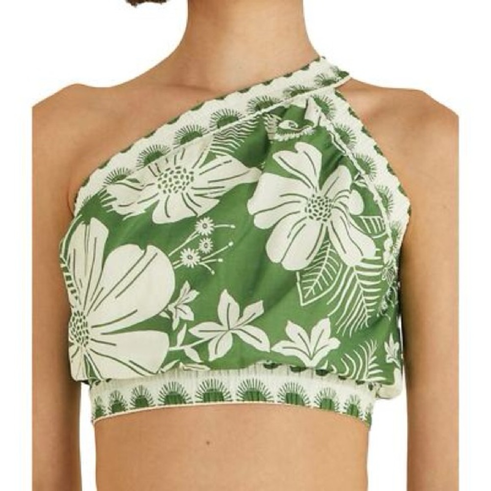 FARM Rio Green Floral One-Shoulder Crop Top